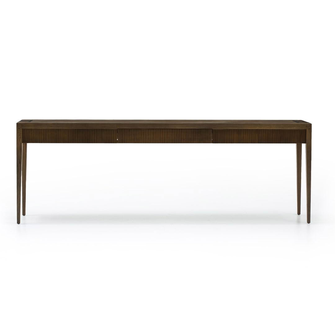 Minimalist wood desk with ribbed drawers on white background