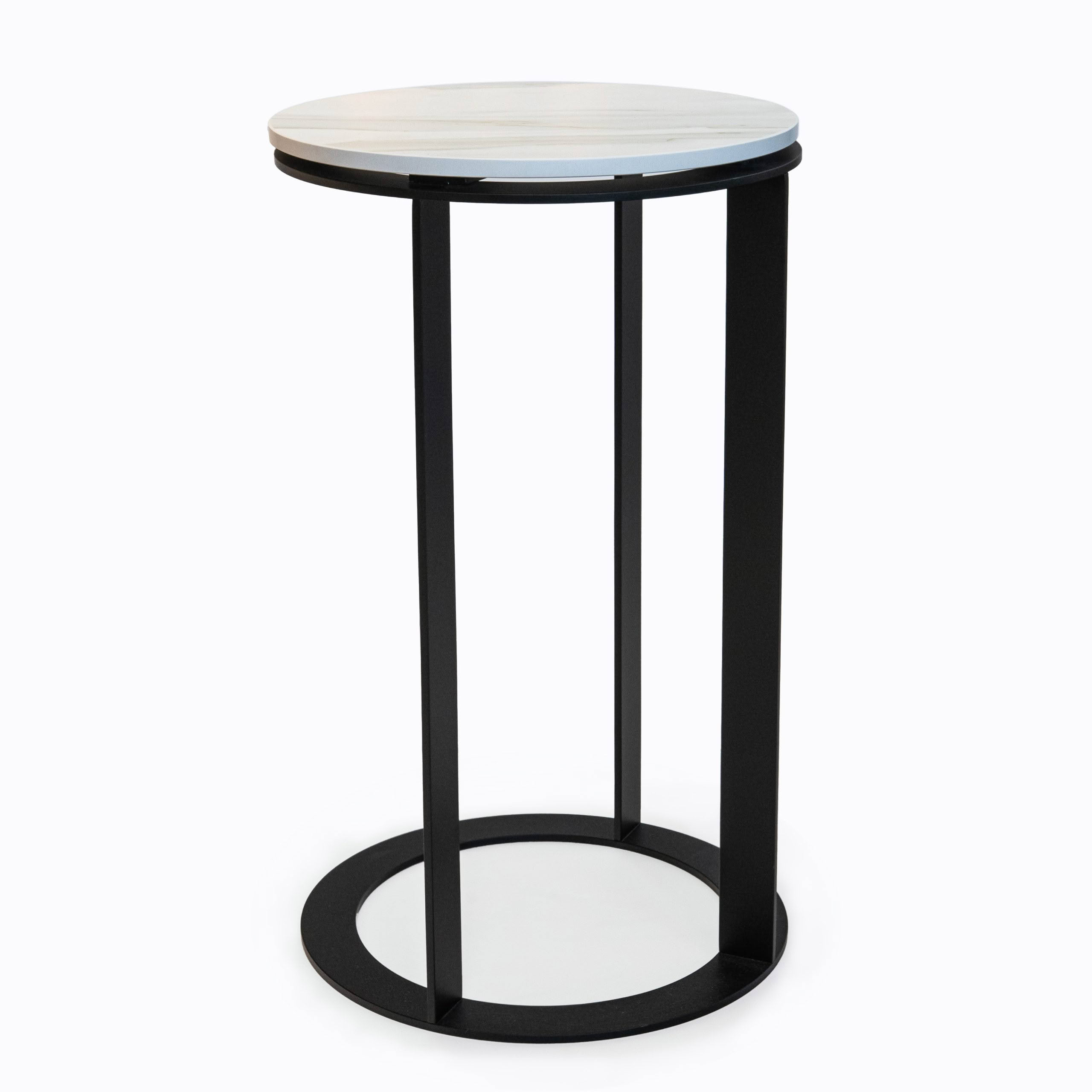 Round marble-top side table with black metal frame