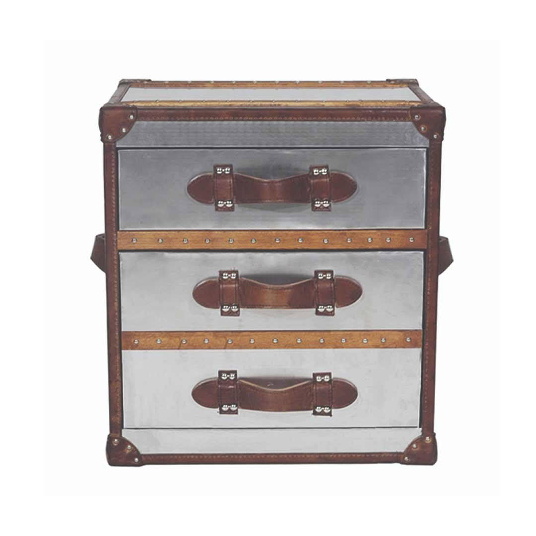 Vintage metal and leather storage trunk with drawers