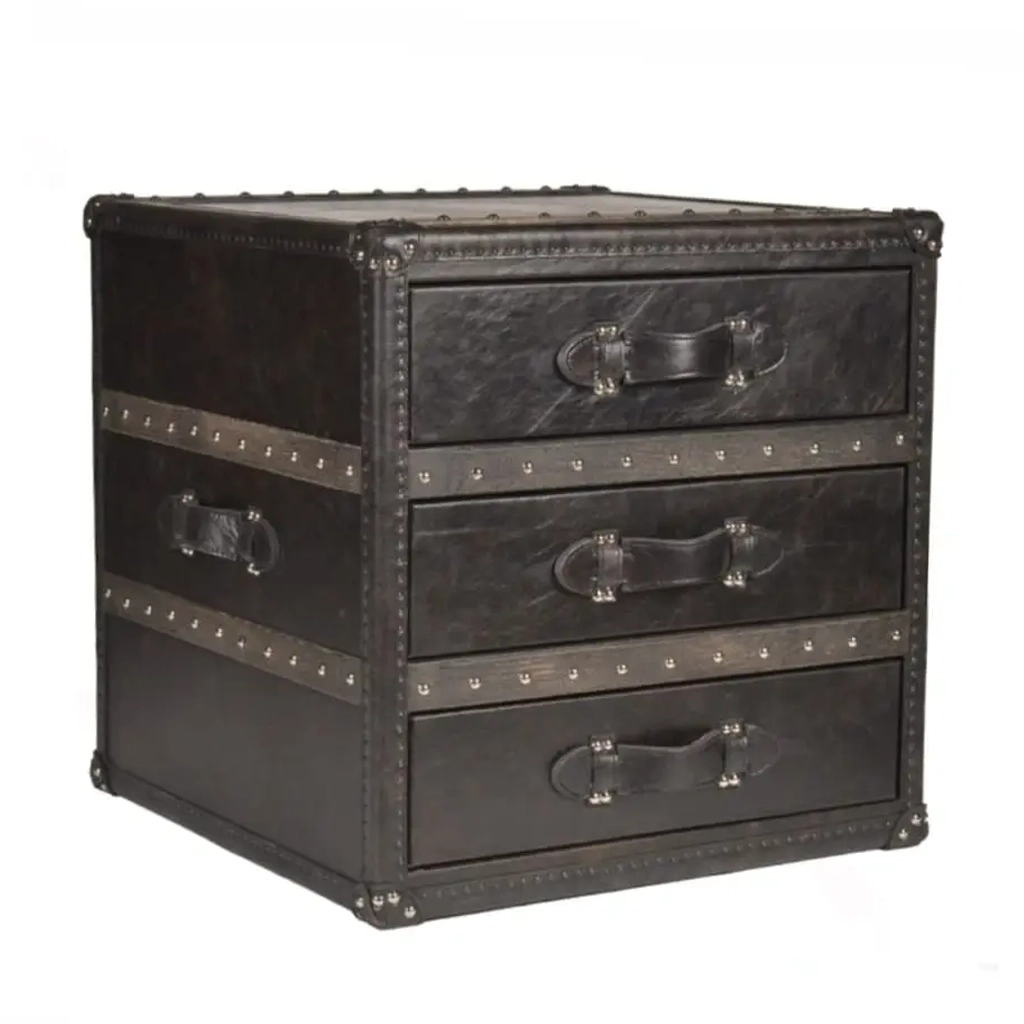 Vintage black leather trunk with drawers and metal accents