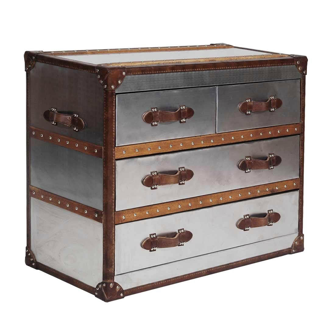 Vintage leather and metal trunk with drawers