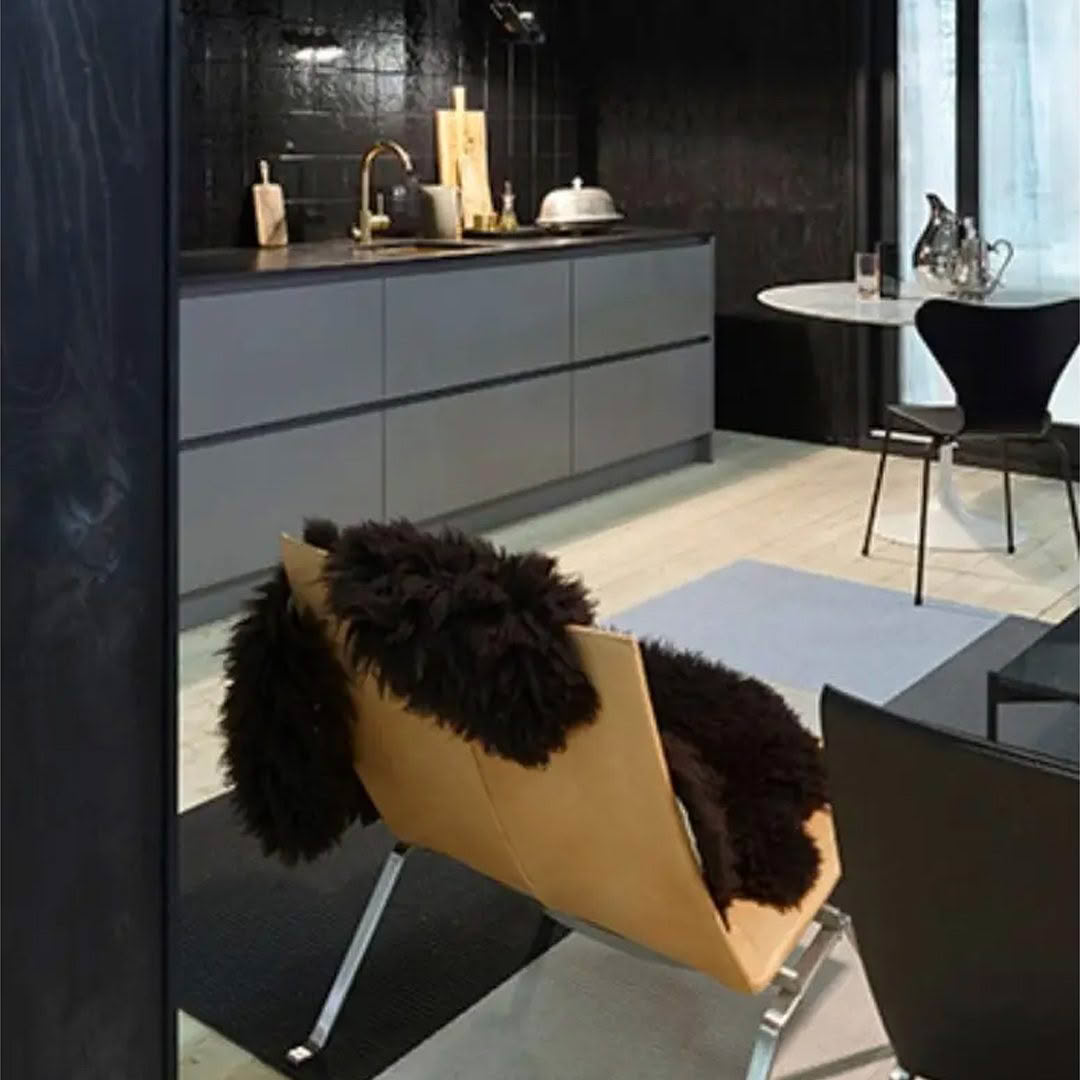 wd4 Modern kitchen with dark cabinets and stylish furry chair