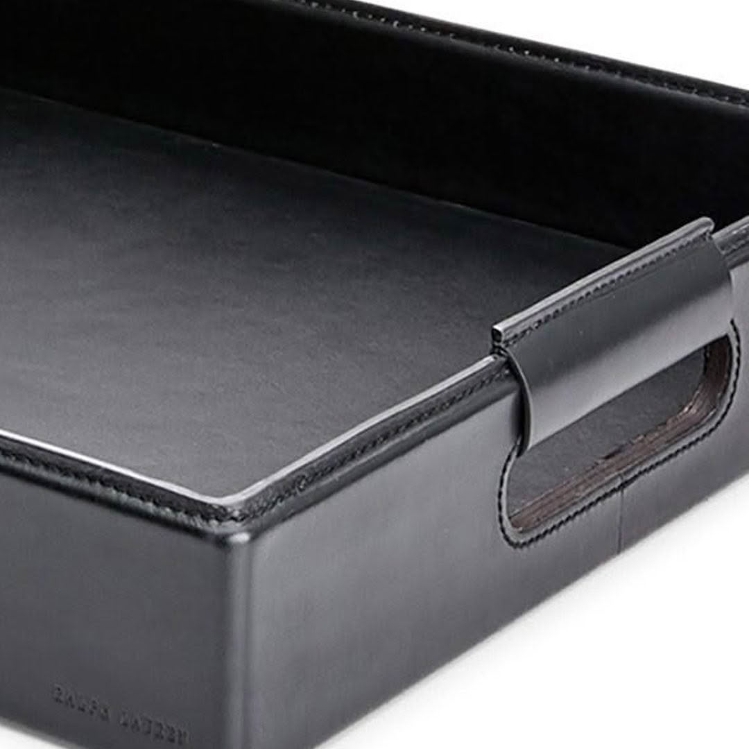 Black leather tray with decorative stitching detail