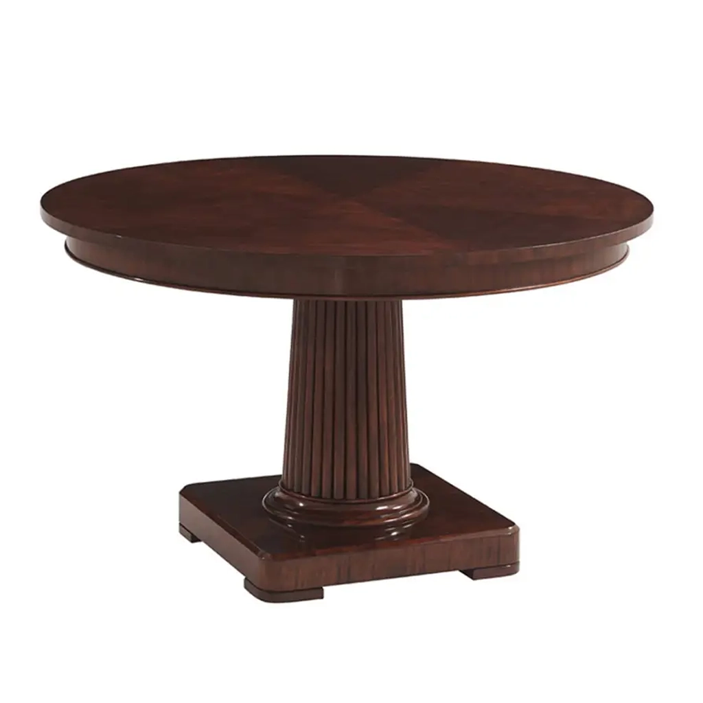 Round wooden pedestal dining table on square base