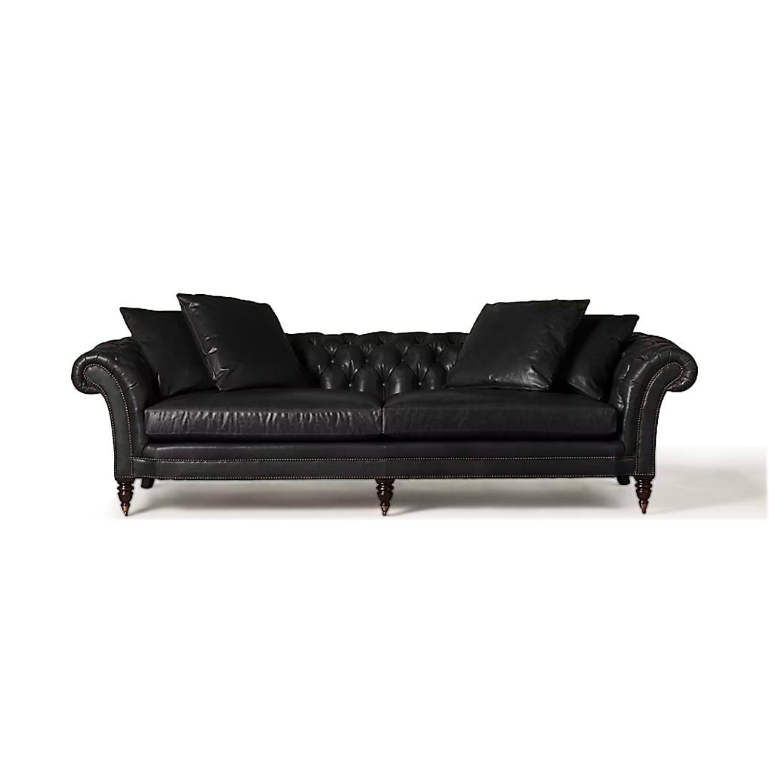 Elegant black leather tufted chesterfield sofa
