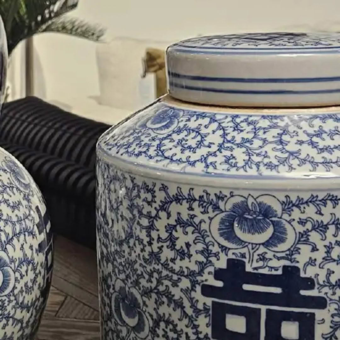 Blue and white floral ceramic jars