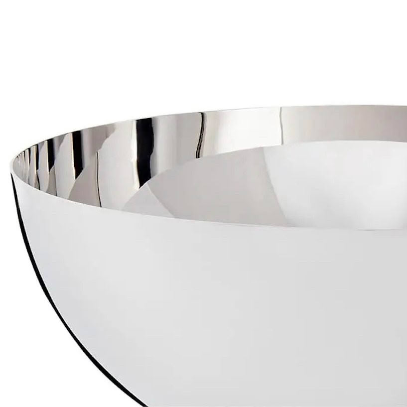 Close-up of shiny silver bowl with reflective surface