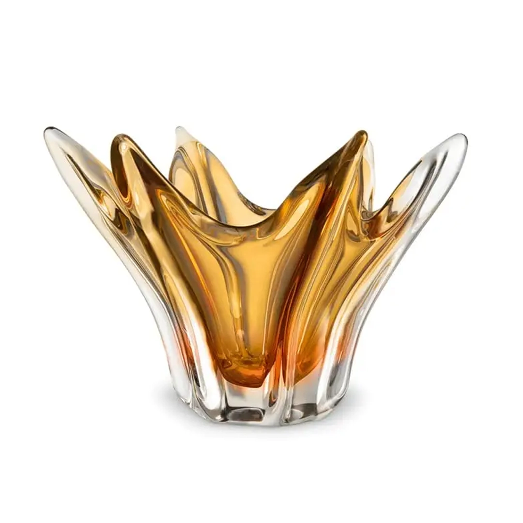 Golden amber glass vase with fluid, wavy design