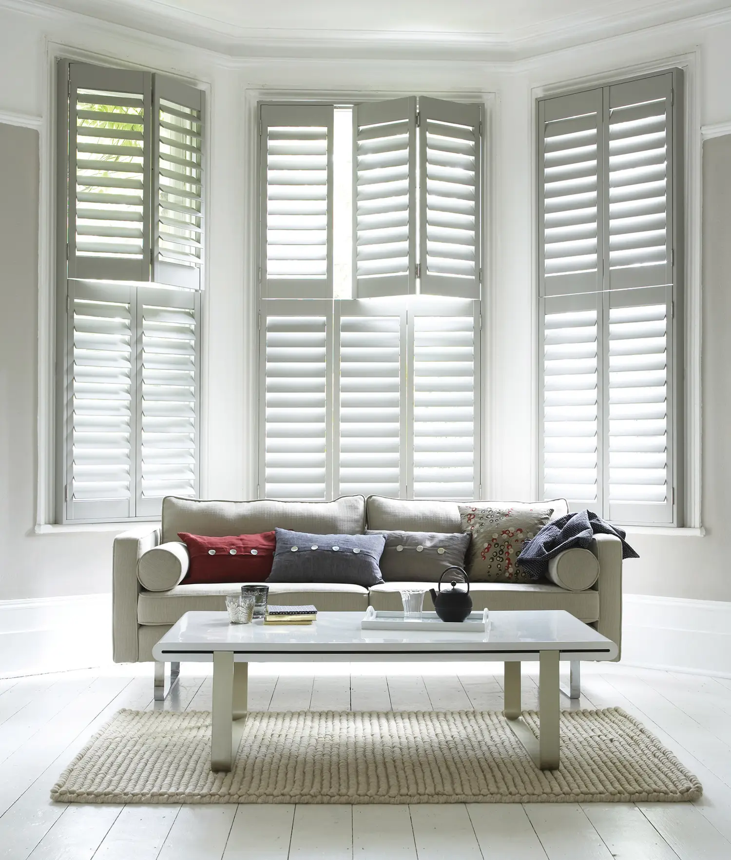 NZWS Luxaflex® Country Woods® Timber Shutters (TWO Shutter_ Bay window front angle)