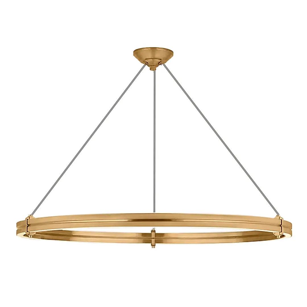 Gold circular pendant chandelier hanging from ceiling
