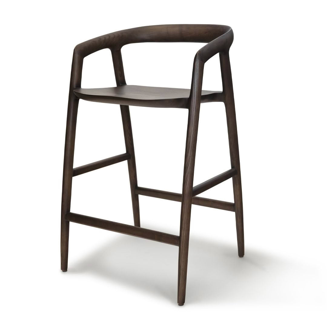 Modern dark wooden bar stool on white background