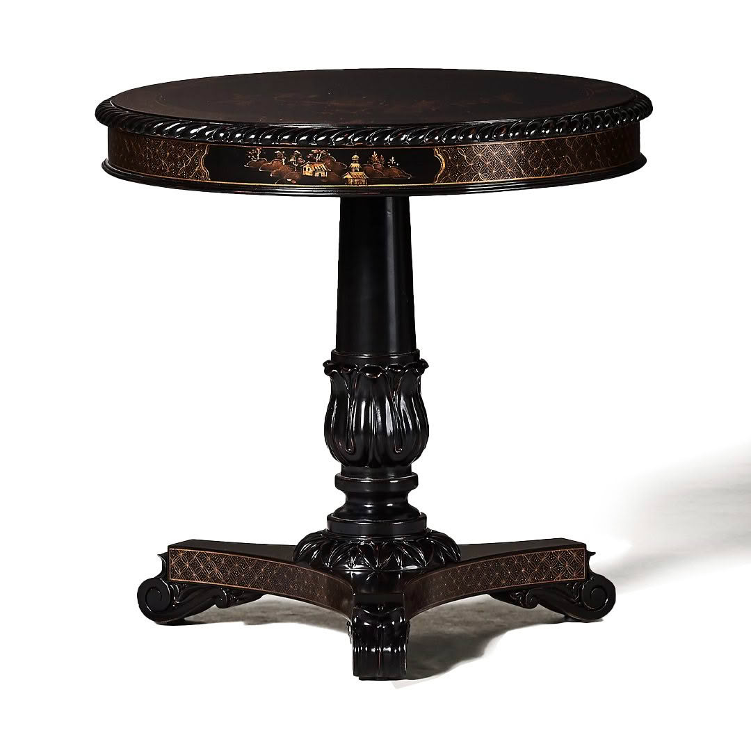 Antique ornate black round table with golden inlays