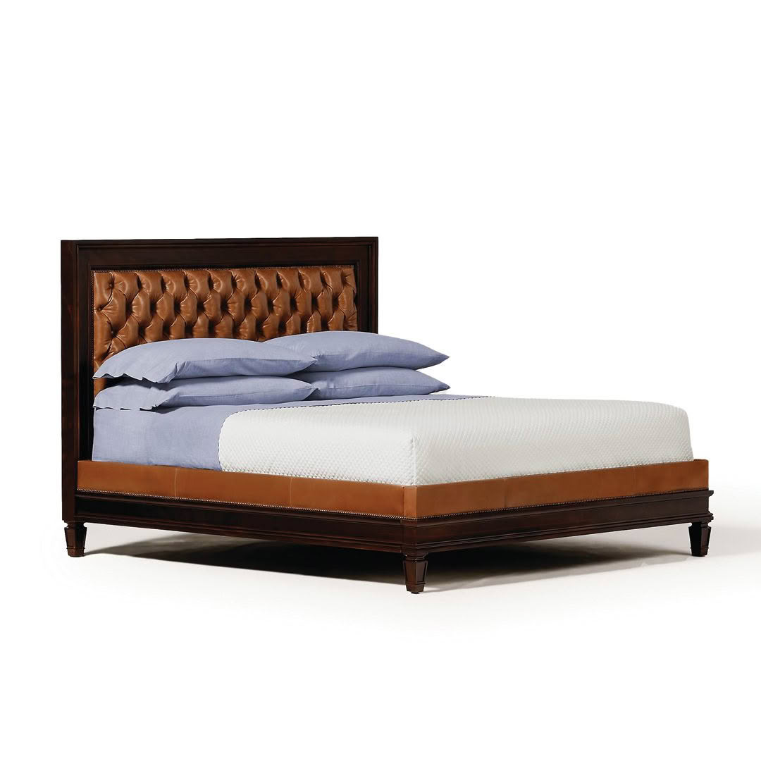 Elegant leather tufted headboard bed with blue bedding