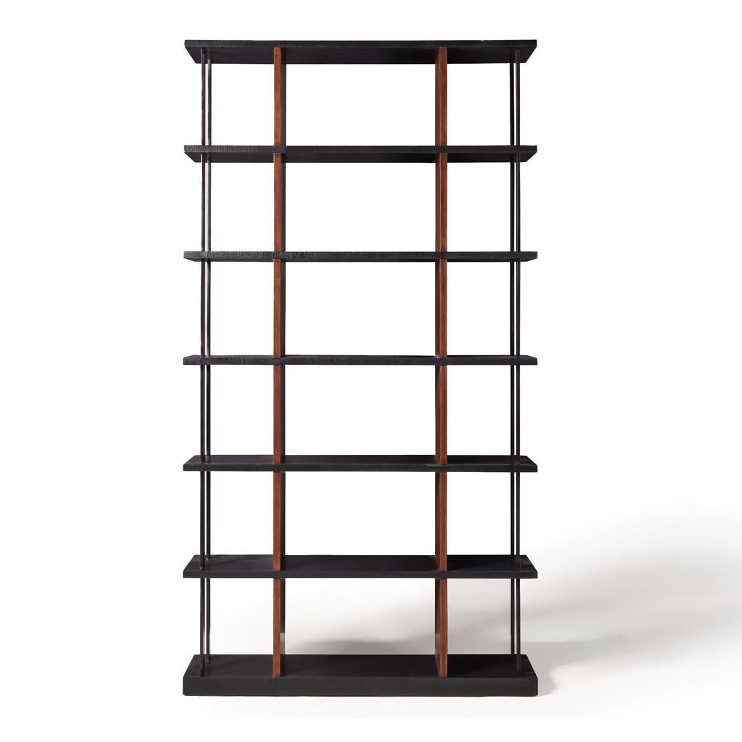 Modern black and wood five-tier shelving unit