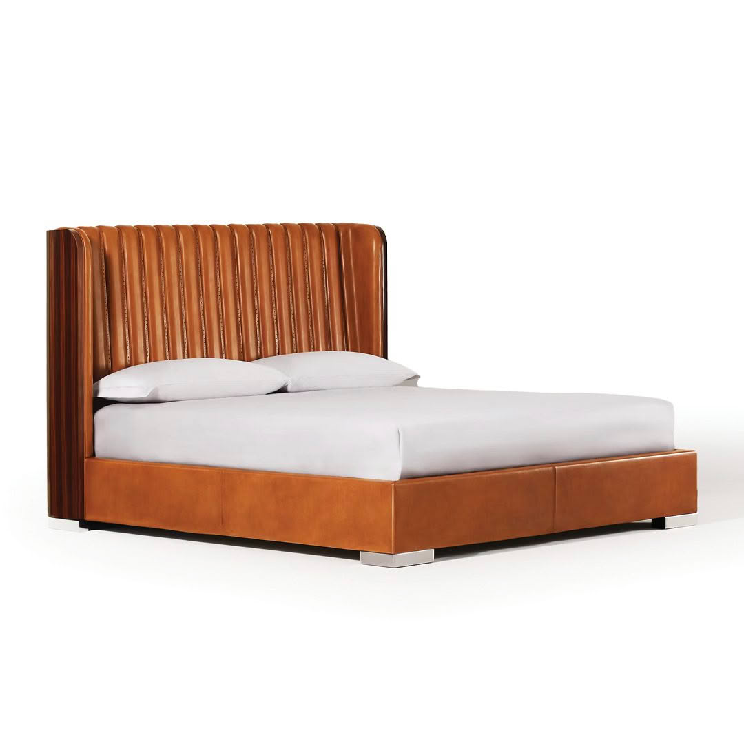 Elegant brown leather bed with pleated headboard