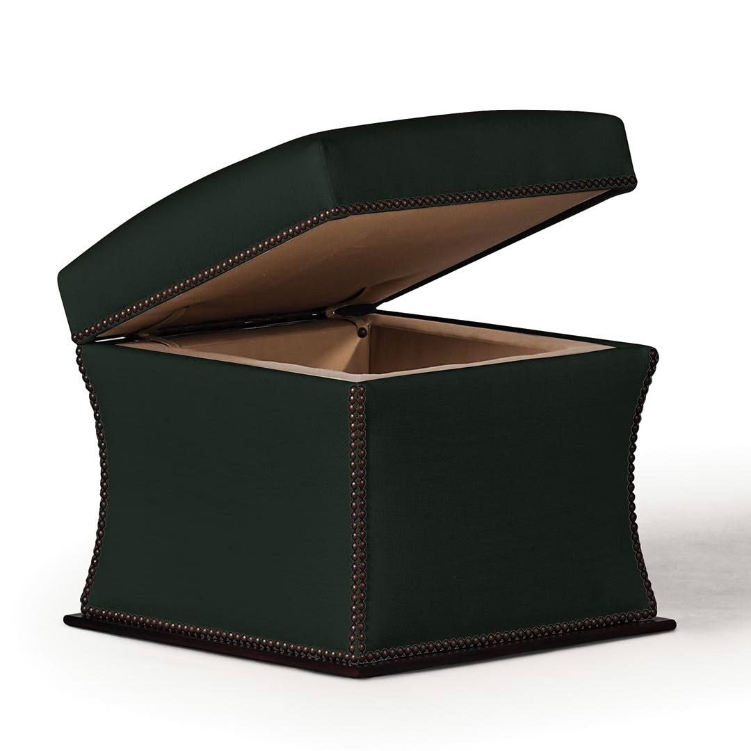 Green storage ottoman with open lid and detailed trim