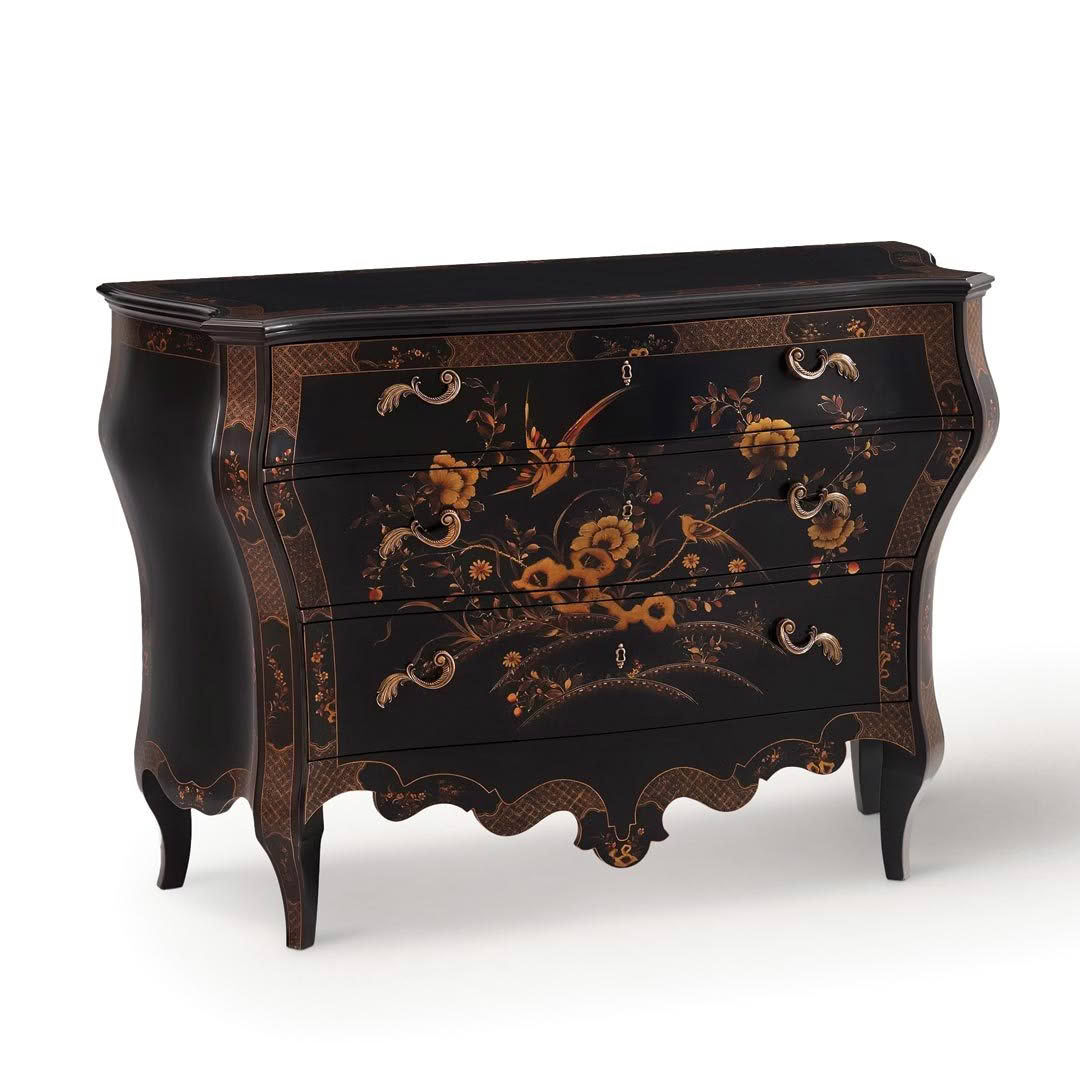 Antique inlaid wood commode with floral design