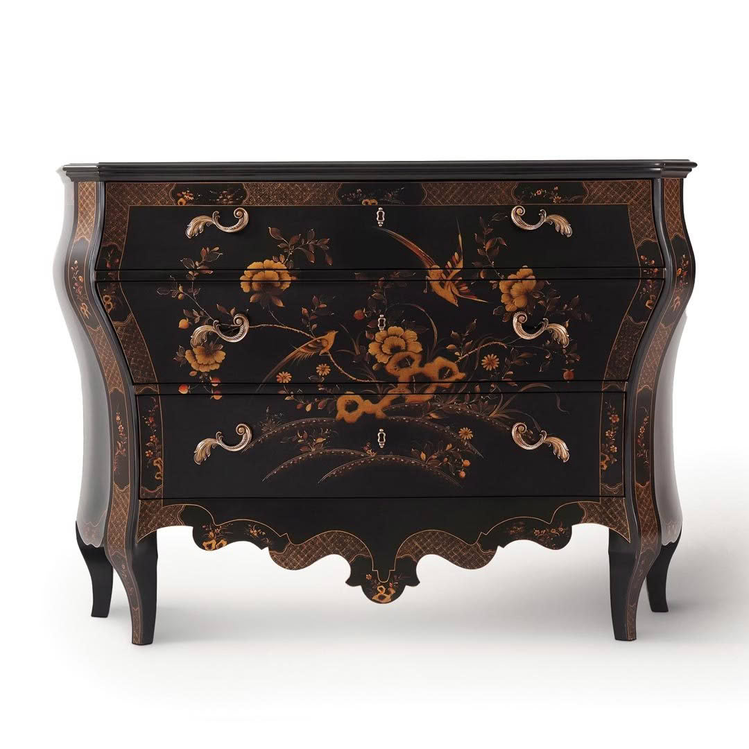 Elegant antique floral inlaid black chest of drawers