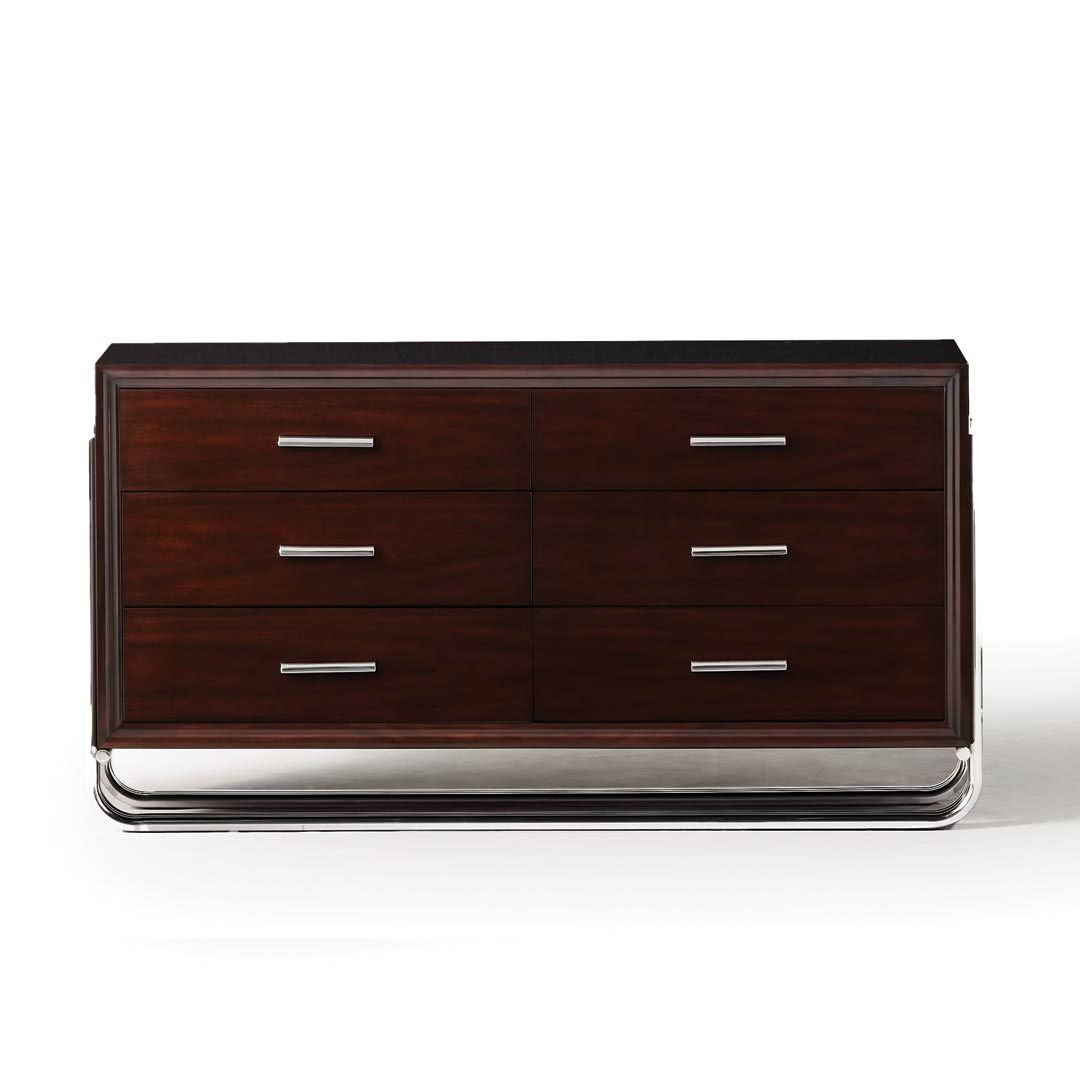 Modern wooden dresser with six drawers and metal base