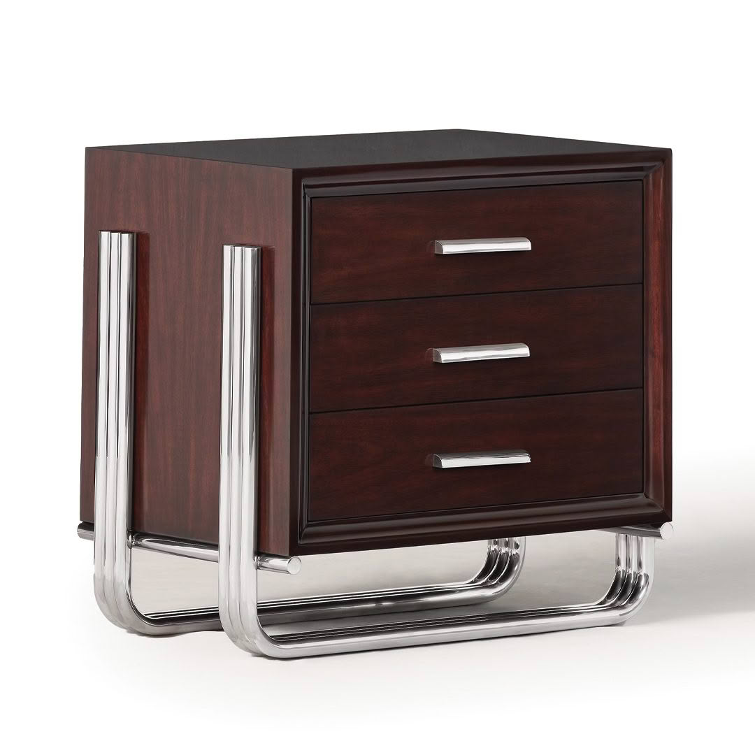 Modern dark wood nightstand with chrome legs and handles