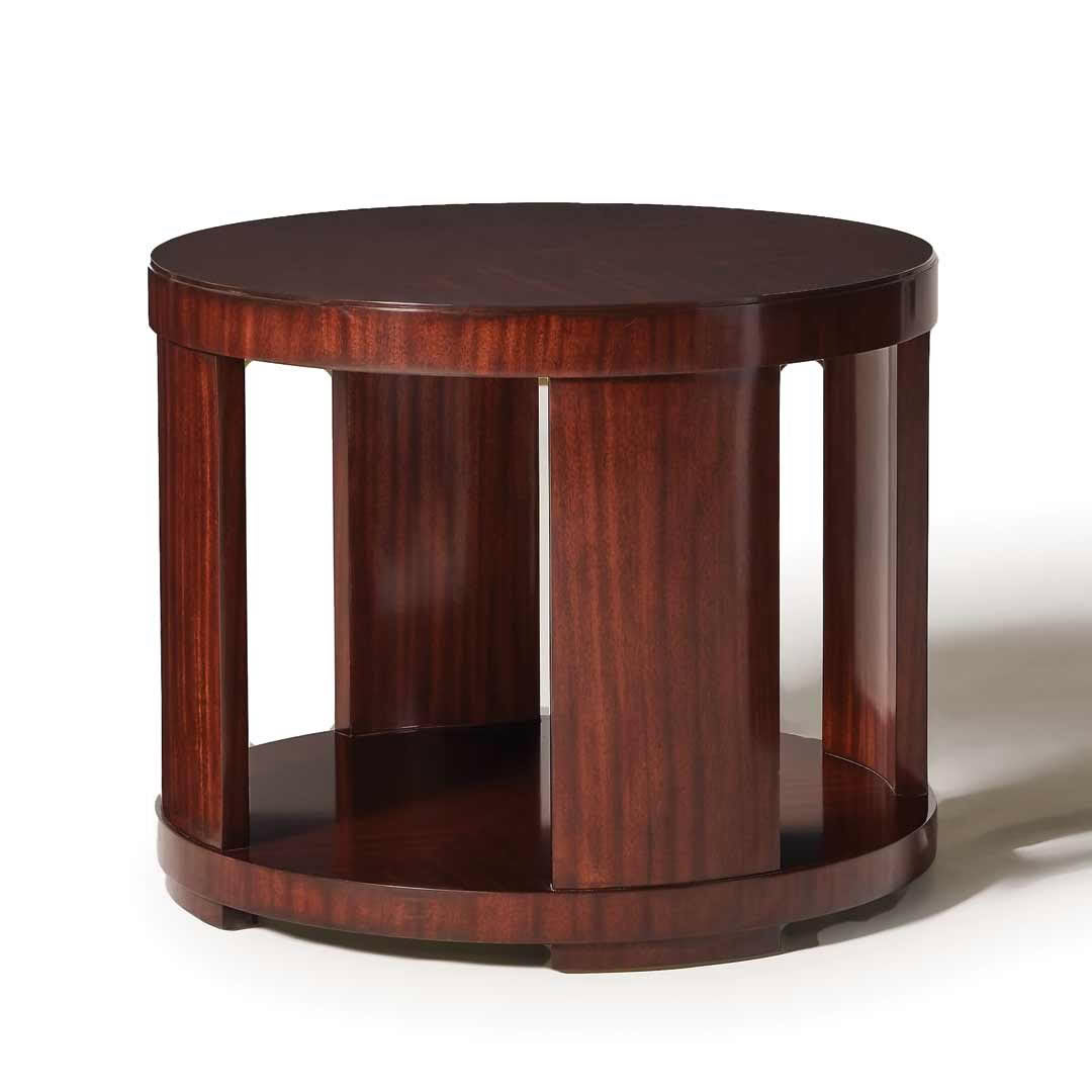 Round wooden coffee table with open shelf