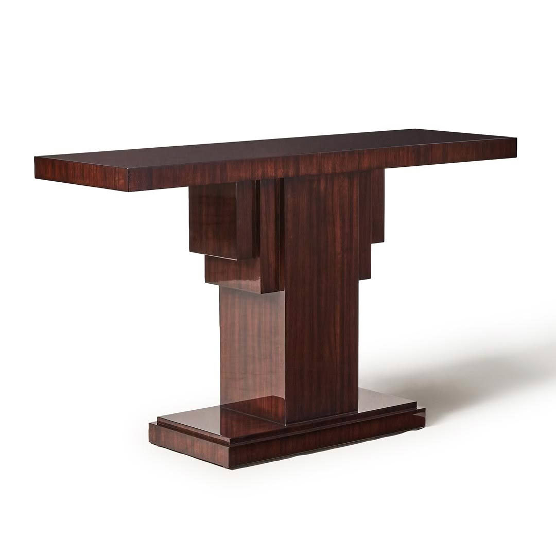 Modern dark wooden pedestal table on white background