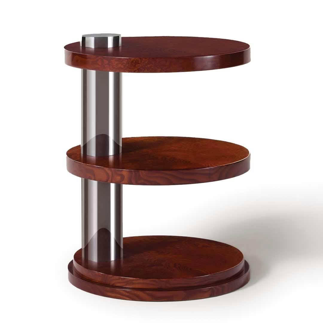 Modern three-tier wooden and metal round side table