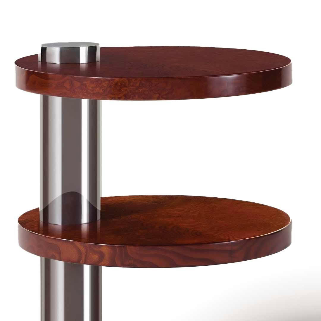 Modern two-tiered round wooden and metal side table