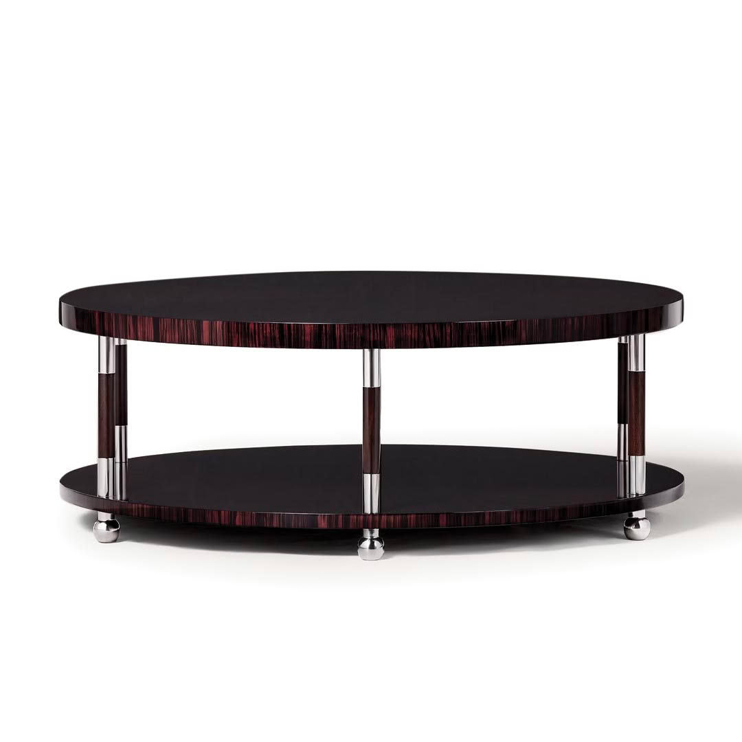 Round black two-tier coffee table with chrome legs