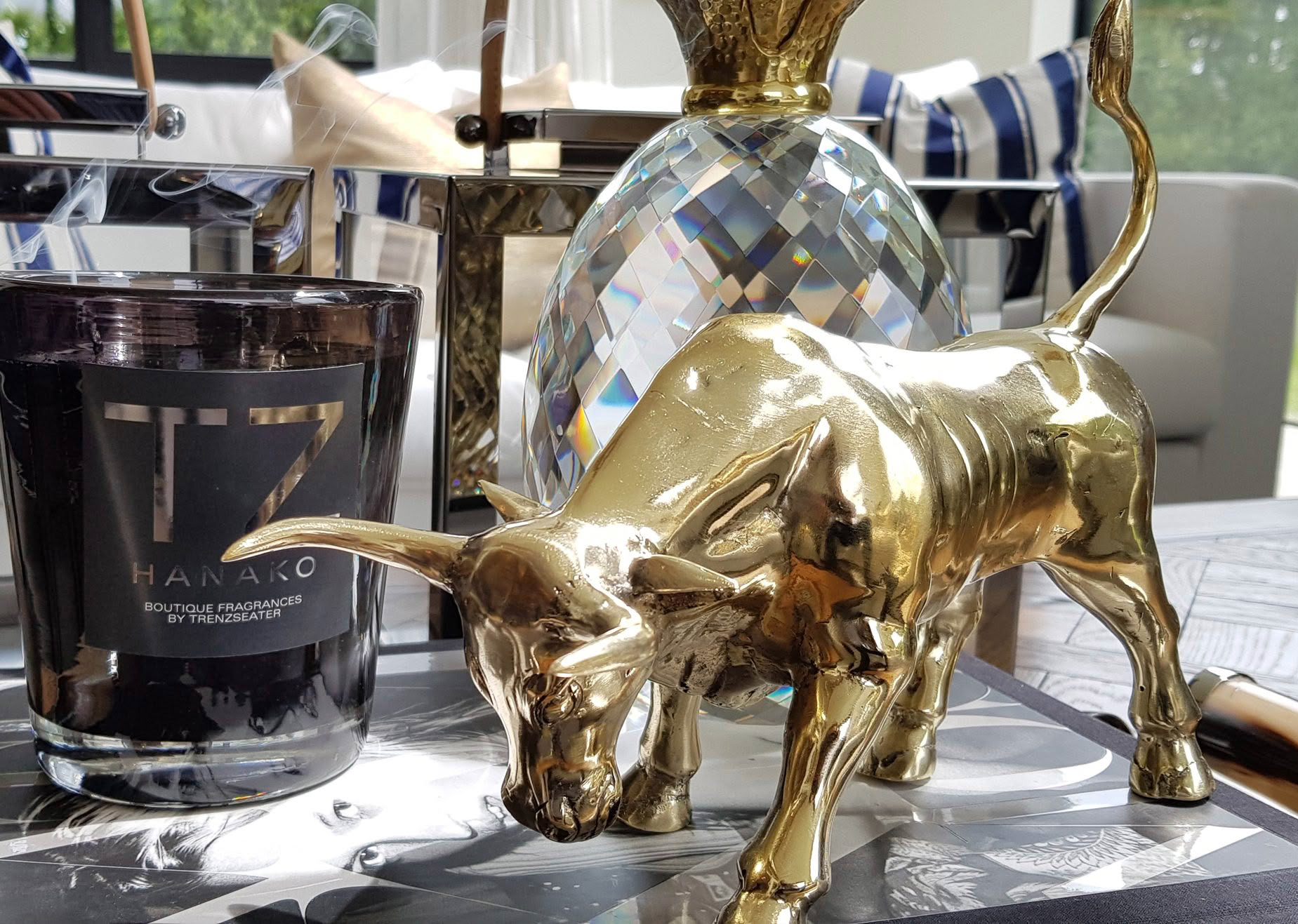 Golden bull statue with luxury decor items