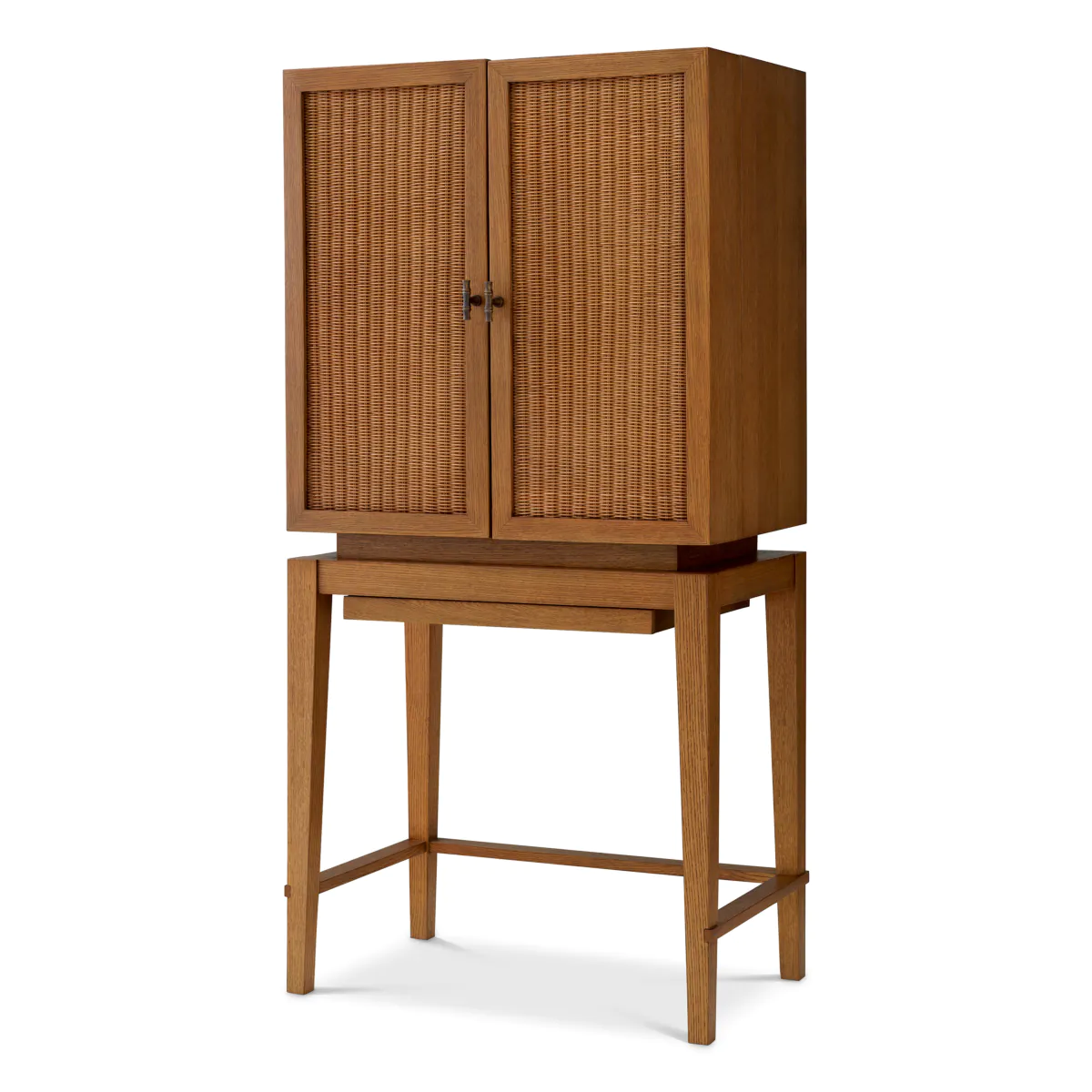 Wooden cabinet with rattan doors on tall legs