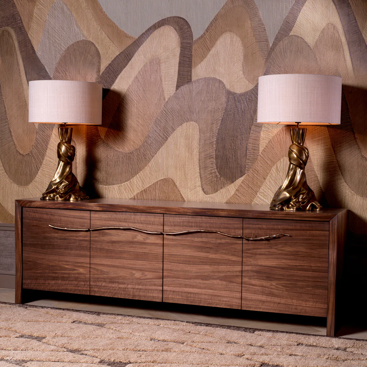 Elegant wooden credenza with artistic lamps, wavy wall decor