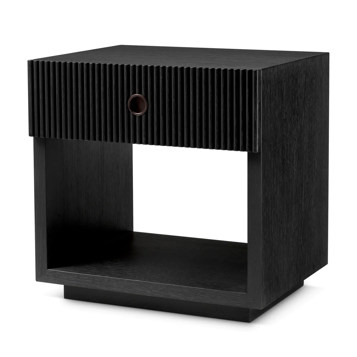 Black ribbed modern bedside table with drawer