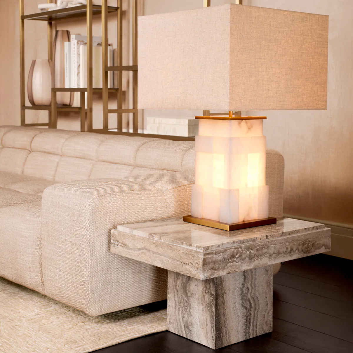 Elegant marble table lamp beside a beige sofa