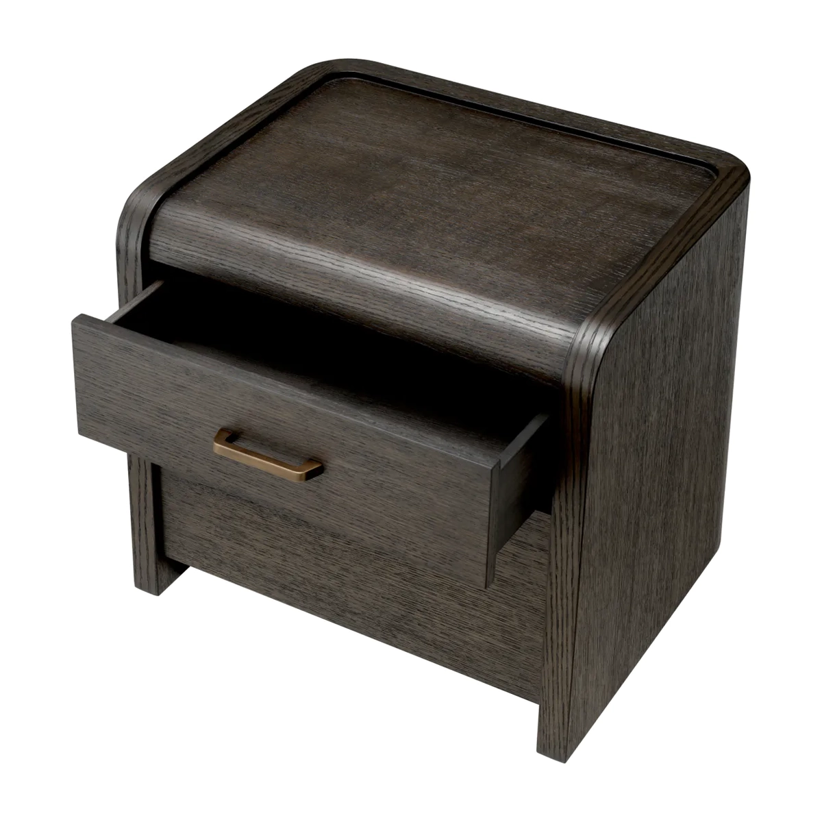 Dark wooden bedside table with open drawer