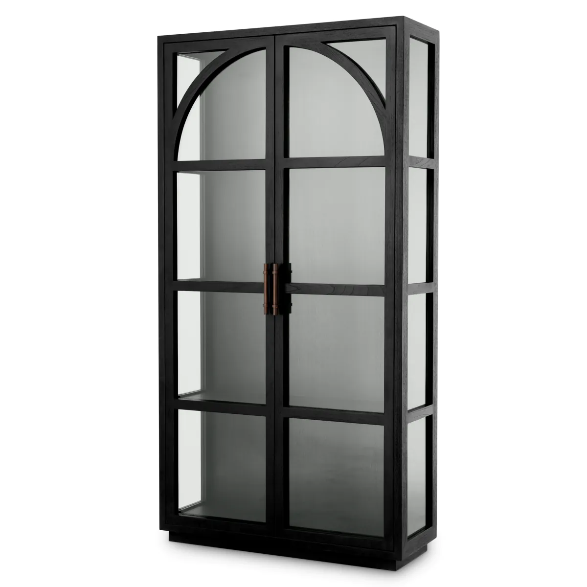 Tall black arched display cabinet with glass doors