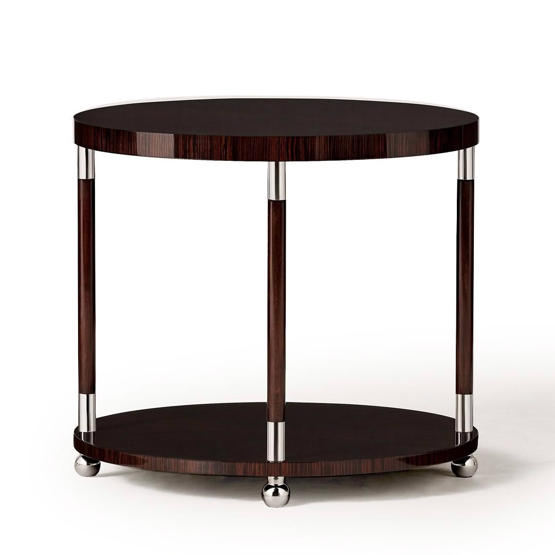 Round wooden table with chrome legs and lower shelf