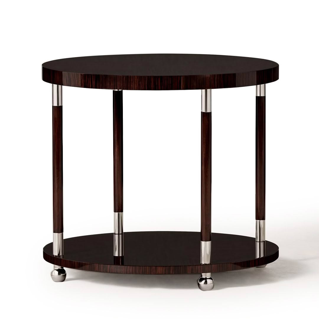 Elegant round wooden table with metal accents and wheels