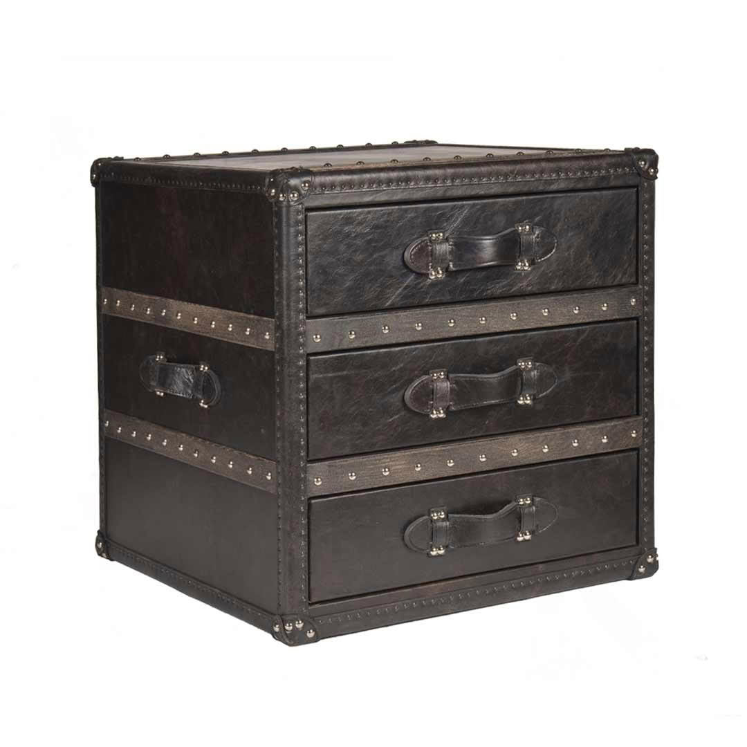 Vintage black leather steamer trunk with metal accents