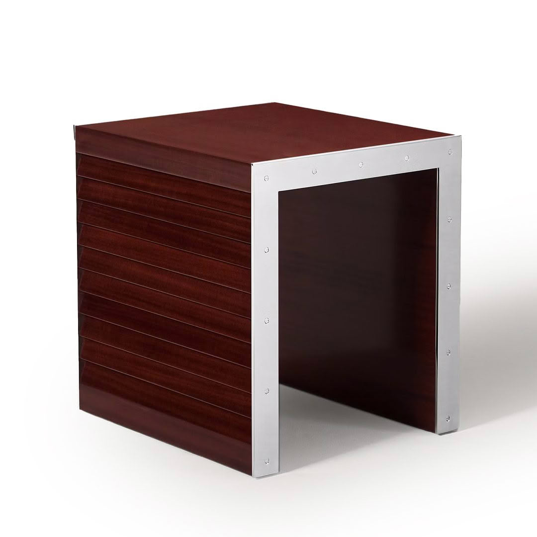 Modern wooden cube side table with metal accents