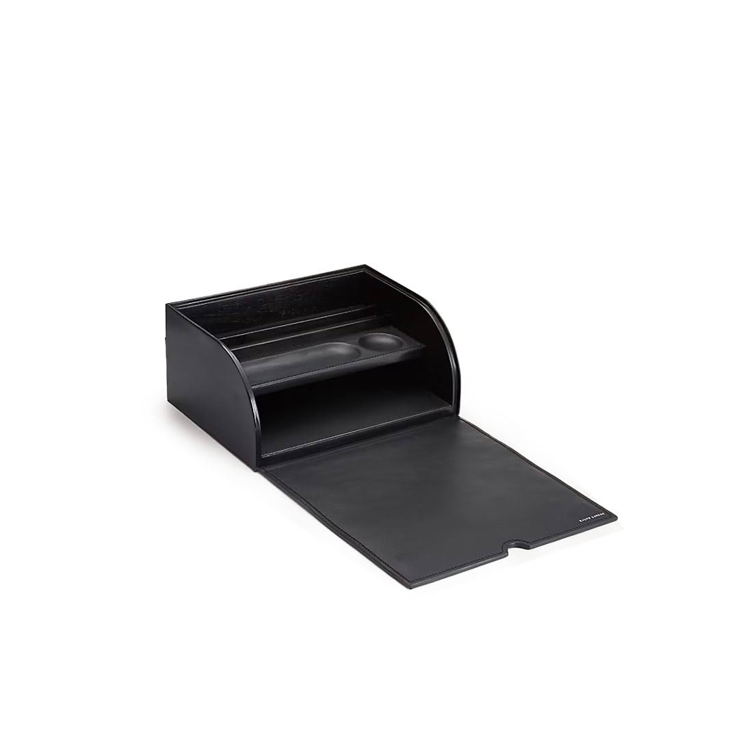 Black leather desk organizer with open compartment