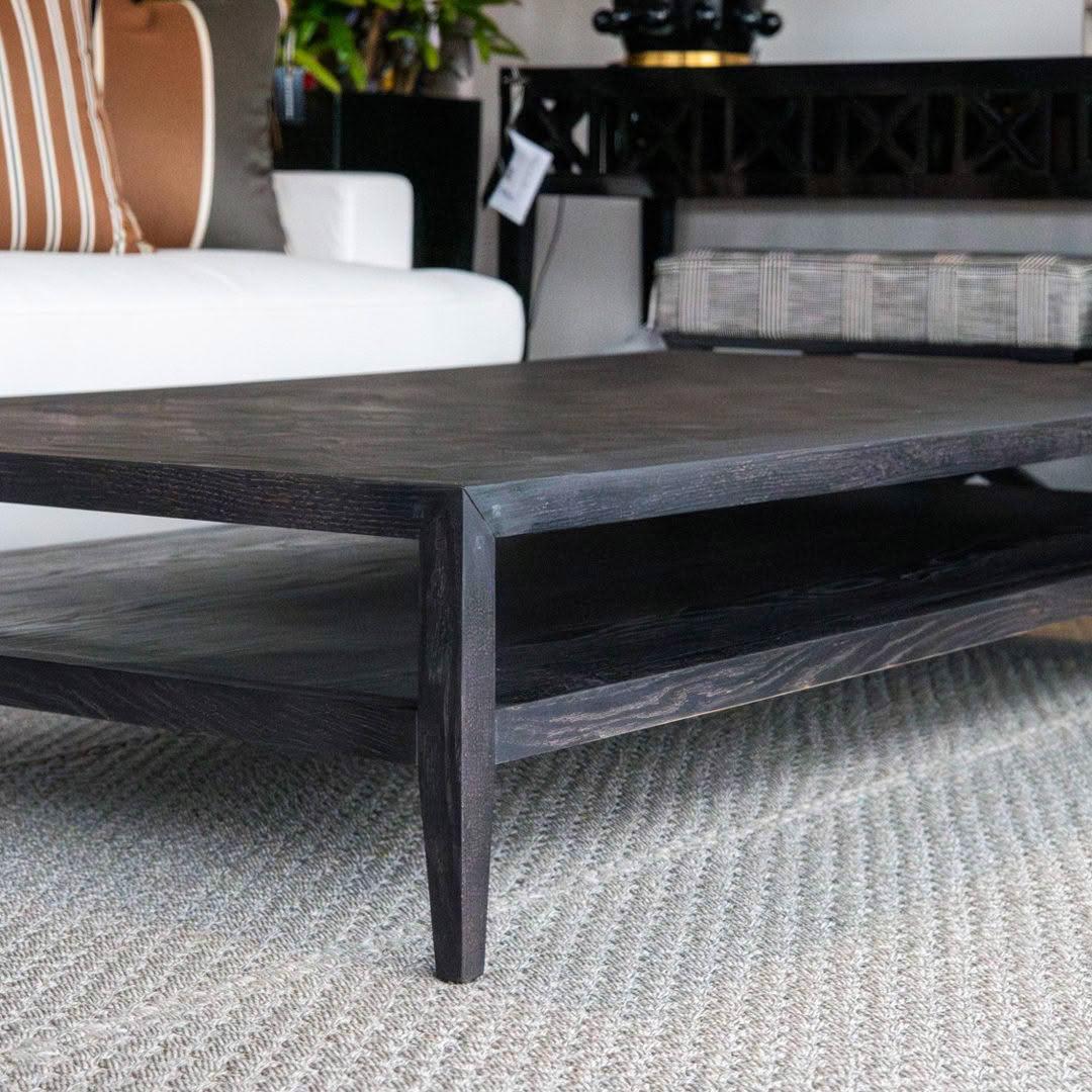 Dark wooden coffee table in modern living room