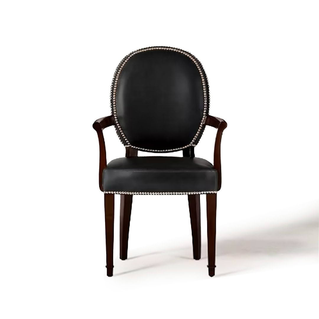 Elegant black leather chair with wooden arms