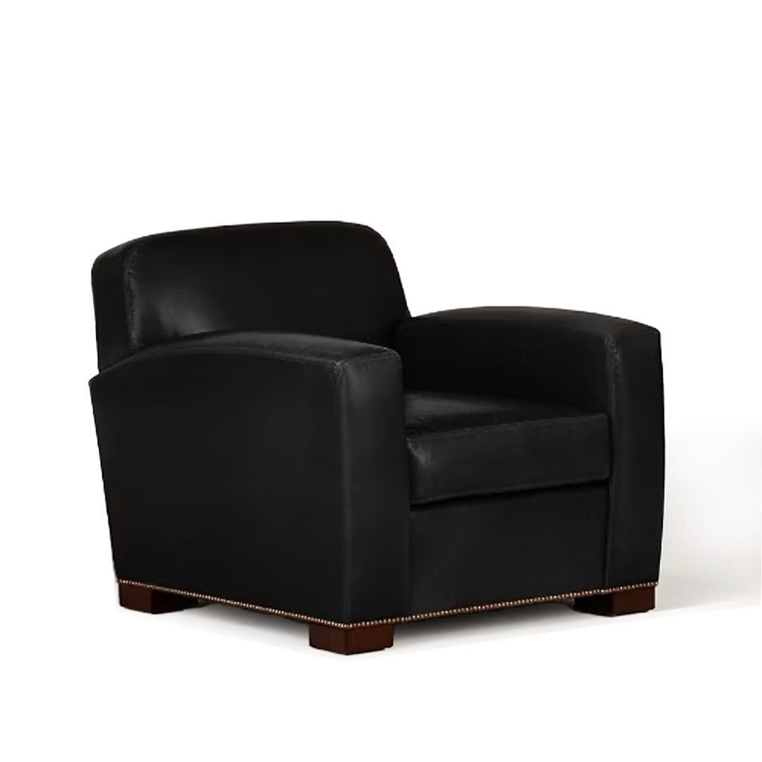 Black leather armchair with wooden base
