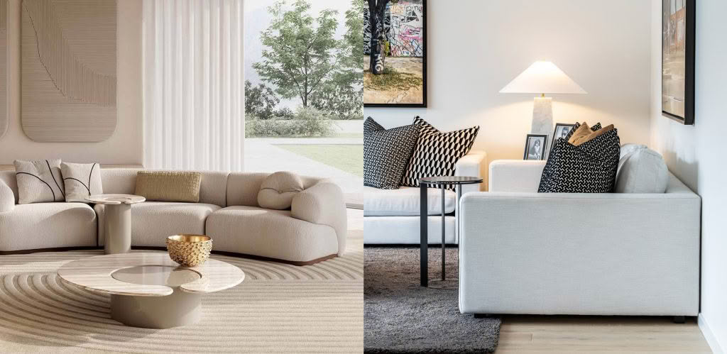 Two elegantly styled living rooms with modern sofas