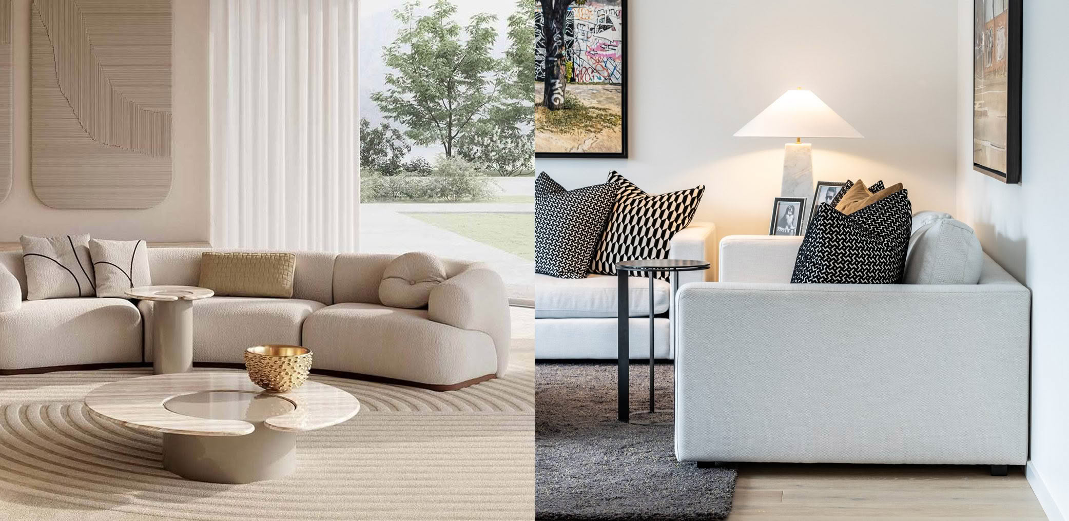 Two elegantly styled living rooms with modern sofas