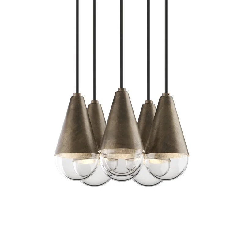 Five modern pendant lights with bronze cones and globes