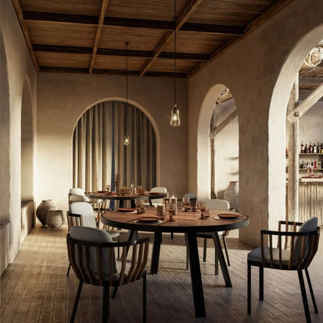 Elegant rustic restaurant interior with arched doorways