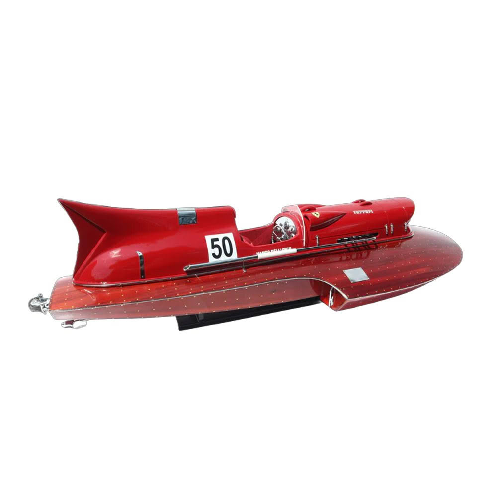 Red vintage hydroplane model on white background