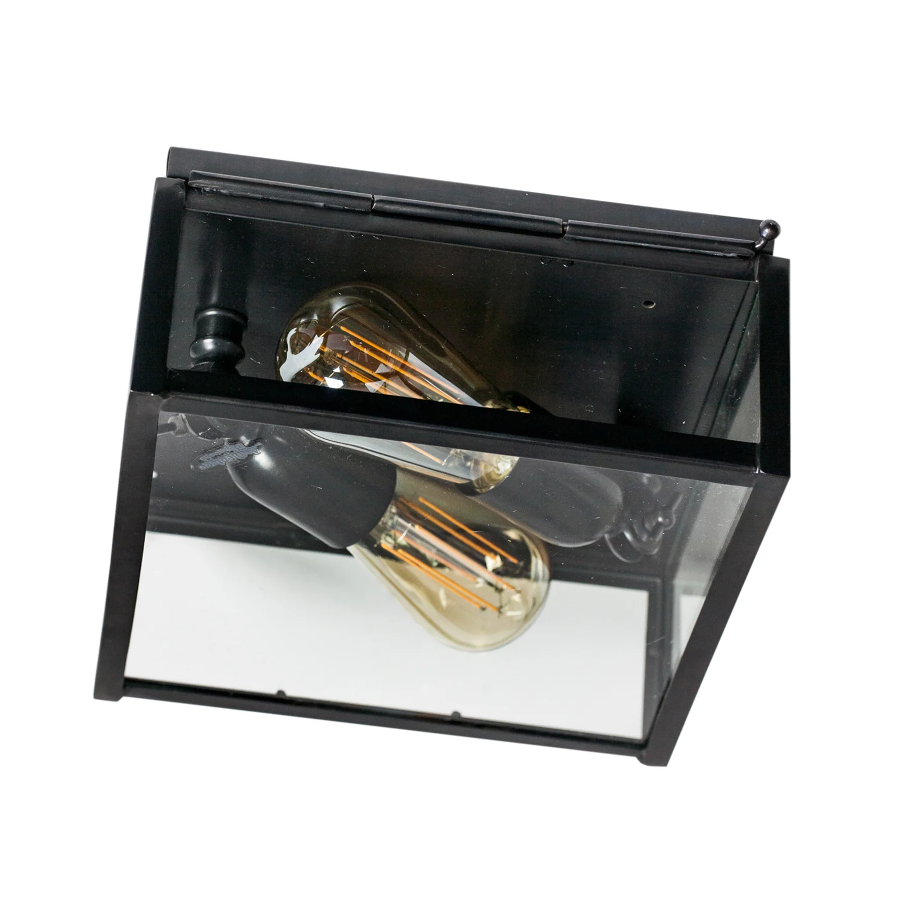 Black mirrored light box with exposed bulbs
